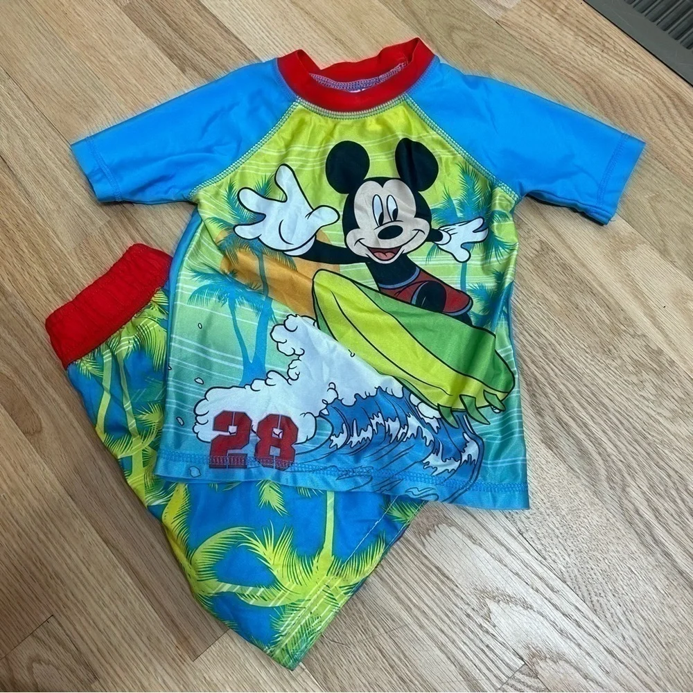Disney Mickey Mouse Swim Suit 2T Blue Green Rash Guard Boys Trunks Bathing Suit